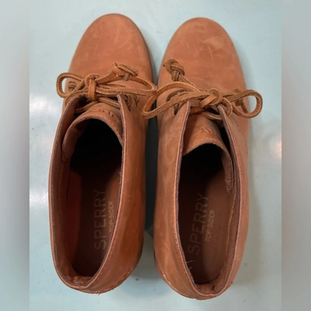 Sperry Boots Womens 7.5M Celeste Prow Ankle Booties‎ Tan Leather Wedge STS80147